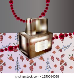 perfume bottle and red beads
