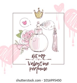 Perfume bottle with rose flower valentine vector design drawn on pink heart romantic background for card, fashion banner, beauty print.