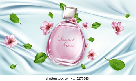Perfume bottle with sakura flowers mock up background, cosmetic product fragrance in glass bottle on silk folded fabric backdrop, cherry blossom scent poster. Realistic 3d vector illustration, banner