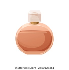 Perfume bottle. Scent, aromatic fragrance in vial. Premium luxury fragrant water, odor in rounded flask. Cosmetic perfumery, product. Flat cartoon vector illustration isolated on white background