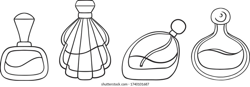 Perfume Bottle Set, decorative
design, outline vector illustration