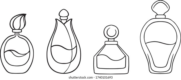 Perfume Bottle Set, decorative
design, outline vector illustration
