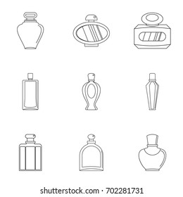 Juego de iconos de la tienda de botellas Perfume. Conjunto de esquema de 9 iconos vectoriales de la tienda de perfumes para telas aisladas en fondo blanco
