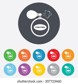 Perfume bottle sign icon. Glamour fragrance symbol. Round colourful 11 buttons. Vector