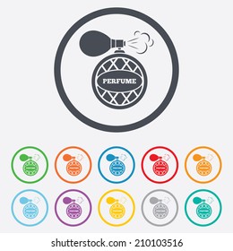 Perfume bottle sign icon. Glamour fragrance symbol. Round circle buttons with frame. Vector