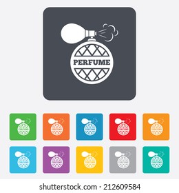 Perfume bottle sign icon. Glamour fragrance symbol. Rounded squares 11 buttons. Vector