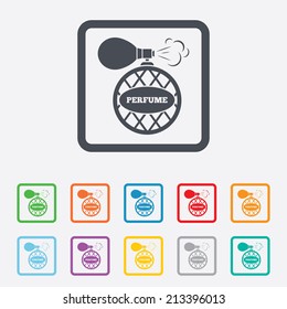 Perfume bottle sign icon. Glamour fragrance symbol. Round squares buttons with frame. Vector