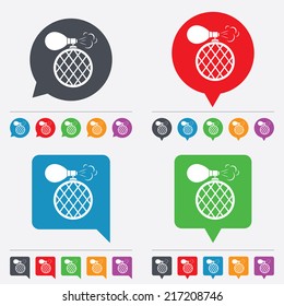 Perfume bottle sign icon. Glamour fragrance symbol. Speech bubbles information icons. 24 colored buttons. Vector