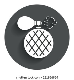 Perfume bottle sign icon. Glamour fragrance symbol. Circle flat button with shadow. Modern UI website navigation. Vector