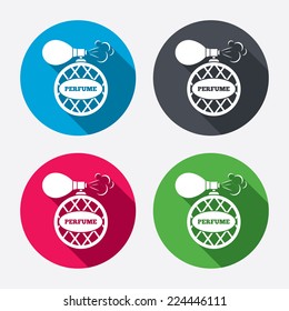Perfume bottle sign icon. Glamour fragrance symbol. Circle buttons with long shadow. 4 icons set. Vector