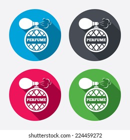Perfume bottle sign icon. Glamour fragrance symbol. Circle buttons with long shadow. 4 icons set. Vector
