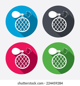 Perfume bottle sign icon. Glamour fragrance symbol. Circle buttons with long shadow. 4 icons set. Vector
