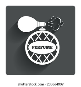 Perfume bottle sign icon. Glamour fragrance symbol. Gray flat square button with shadow. Modern UI website navigation. Vector
