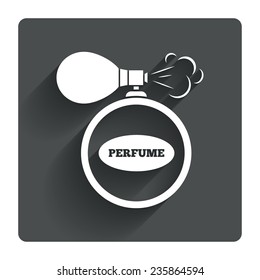 Perfume bottle sign icon. Glamour fragrance symbol. Gray flat square button with shadow. Modern UI website navigation. Vector