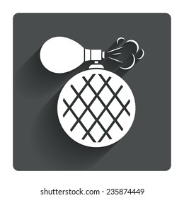 Perfume bottle sign icon. Glamour fragrance symbol. Gray flat square button with shadow. Modern UI website navigation. Vector