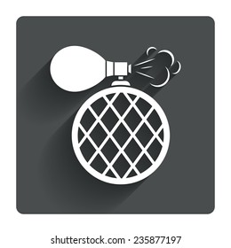 Perfume bottle sign icon. Glamour fragrance symbol. Gray flat square button with shadow. Modern UI website navigation. Vector