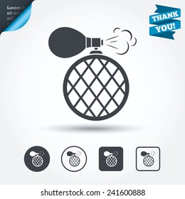 Perfume bottle sign icon. Glamour fragrance symbol. Circle and square buttons. Flat design set. Thank you ribbon. Vector