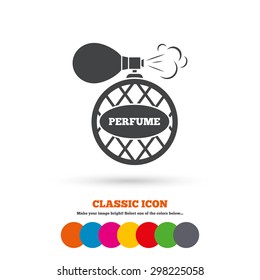 Perfume bottle sign icon. Glamour fragrance symbol. Classic flat icon. Colored circles. Vector