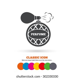 Perfume bottle sign icon. Glamour fragrance symbol. Classic flat icon. Colored circles. Vector