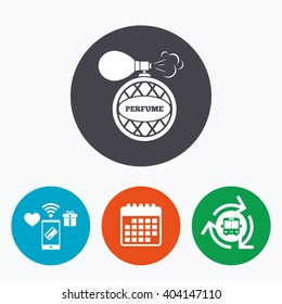 Perfume bottle sign icon. Glamour fragrance symbol. Mobile payments, calendar and wifi icons. Bus shuttle.