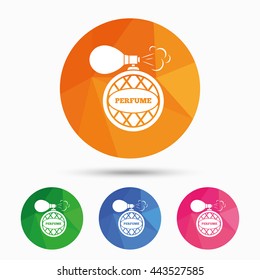 Perfume bottle sign icon. Glamour fragrance symbol. Triangular low poly button with flat icon. Vector