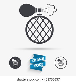 Perfume bottle sign icon. Glamour fragrance symbol. Flat icons. Buttons with icons. Thank you ribbon. Vector