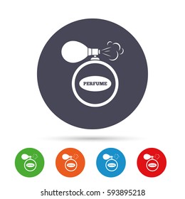 Perfume bottle sign icon. Glamour fragrance symbol. Round colourful buttons with flat icons. Vector