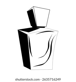 Perfume bottle silhouette. Elegant flask vector. Curved glass shape. Minimal black design.