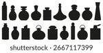 Perfume bottle silhouettes set in elegant decorative shapes, cosmetic fragrance containers with caps, classic and modern design