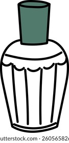 A perfume bottle with a simple, outlined style and scalloped details. The container is depicted with bold lines and a minimalistic approach. Cartoon vector illustration.