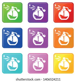 Perfume bottle spray icons set 9 color collection isolated on white for any design