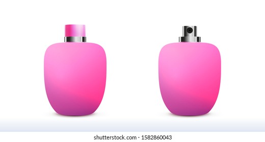 Perfume bottle spray mockup vector illustration. Pink flacon design collection with opened cap. Aroma container realistic kit. Flavor product packaging template.