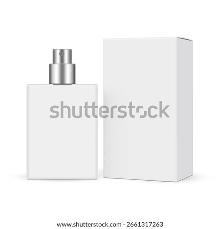 Perfume bottle with spray nozzle and blank box side view mockup on white background. Ideal for fragrance branding, cosmetics packaging design, product presentation, and promotional materials