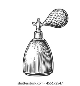Perfume bottle spray. Vector black illustrations on white backgrounds. Hand drawn vintage engraving for poster, label, banner, web