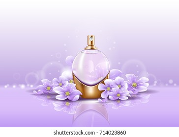 Perfume bottle or sprayer on flowers and bubbles. Glassware container for woman or female aroma fluid. Package logo or print with atomizer or vaporizer, pulverizer. Perfumery and beauty theme