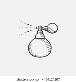 Perfume bottle spraying sketch icon for web, mobile and infographics. Hand drawn vector isolated icon.