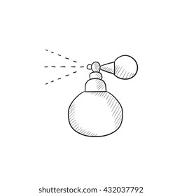 Icono de dibujo vectorial de pulverización de botellas perfumadas aislado en el fondo. Icono de pulverización con botellas Perfume dibujado a mano. Icono de boceto de pulverización de botellas perfumadas para infografía, sitio web o aplicación.