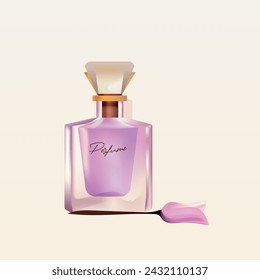 Perfume bottle square lilac. Perfume container. Cosmetics. Smell of lilacs. Fragrances of flowers.