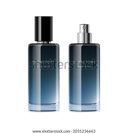 Perfume bottle template. Simple fragrance glass container with steel sprayer and black plastic cap in dark colors. Trendy gradient packaging. Vector mockup realistic isolated illustration.