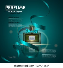 Perfume bottle and a turquoise ribbon. Vector illustration