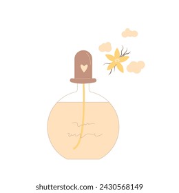 Perfume bottle with vanilla smell isolated on white background. Fragrance fashion. Vector flat illustration.