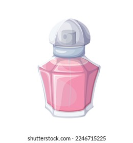 Perfume bottle vector illustration. Cartoon clear glass flask with sprayer atomizer and transparent cap, feminine luxury beauty product with fragrance in crystal jar, elegance perfume packaging