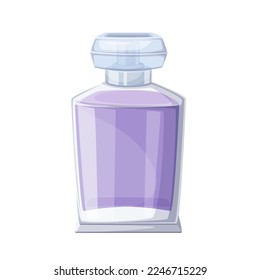 Perfume bottle vector illustration. Cartoon clear glass flask with transparent cap and violet liquid of fashion luxury fragrance, spray crystal bottle of glamour lilac toiletries with reflection
