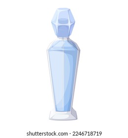 Perfume bottle vector illustration. Cartoon clear glass flask with spray and blue perfume fluid, cologne or water with luxury fragrance, male fashion gift and perfumery product in cosmetic packaging