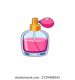 Parfümflasche Vektorgrafik mit rosafarbener Duftflüssigkeit und klassischem Sprühzerstäuber. Niedlicher, flacher Cartoon-Stil, glänzend und bunt, einzeln auf weißem Hintergrund