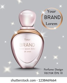 Perfume bottle Vector realistic with golden elements. Gift perfume shiny decor. Product placement. Pink delicate color