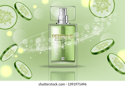 Perfume bottle Vector realistic. Product packaging mockup. Fresh cucumber green scent. 3d template illustrations