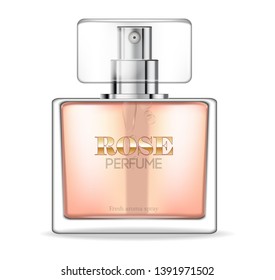 Perfume bottle Vector realistic. Product packaging mockup. Fresh spring aroma. 3d template illustrations