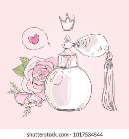 Perfume bottle vector with rose flower, heart and crown on pink background drawn in watercolor style for valentine or women's day card design, sale banner, print, poster.