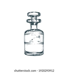 Botella perfume, boceto vectorial. Ilustración gráfica del vial de aceite esencial en estilo grabado. Se utiliza para la pegatina de perfume, etiqueta de la tienda de spa, etc.